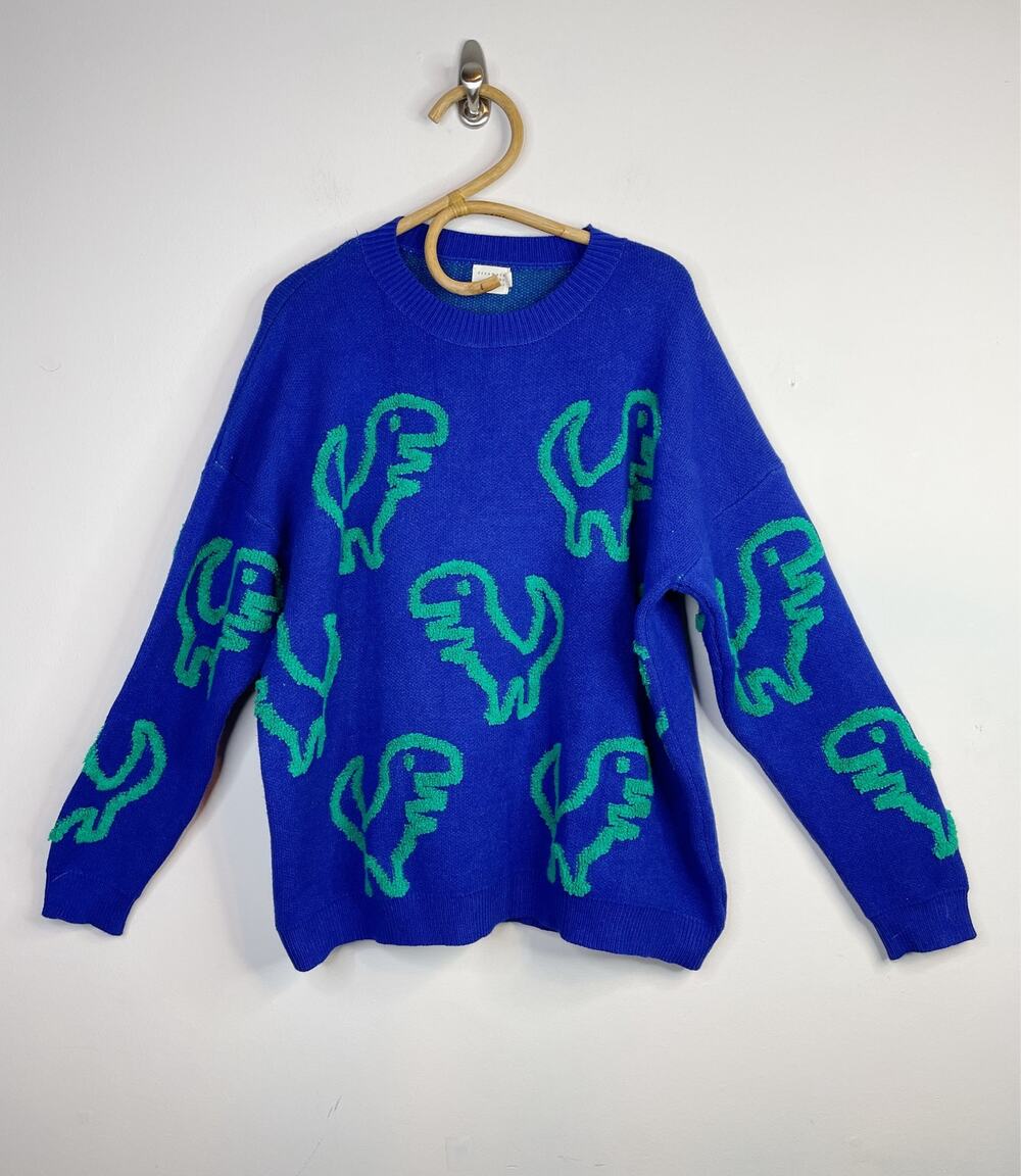 Dreamers by Debut 3D Slouchy Oversized Dino Dinosaur T-Rex Sweater Blue Green XL